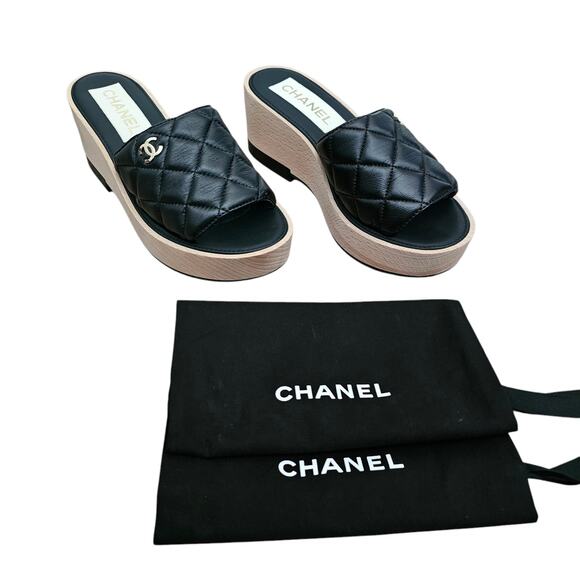 Chanel CC Wood Platform Sandal Slide Mule Size 39 US 8 8.5 Quilted Black Leather - Picture 2 of 15
